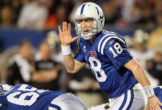 MIAMI GARDENS, FL - FEBRUARY 07: Peyton Manning #18 of the Indianapolis Colts signals under center against the New Orleans Saints during Super Bowl XLIV on February 7, 2010 at Sun Life Stadium in Miami Gardens, Florida.  (Photo by Andy Lyons/Getty Images)