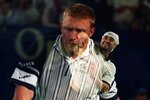 24 Jan 1996:  Boris Becker of Germany in action with Andre Agassi of America at the Ford Australian Open 1996 at Flinders Park Melbourne. Mandatory Credit: Phil Cole/ALLSPORT