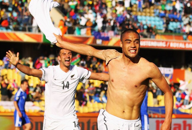 RUSTENBURG, SOUTH AFRICA - JUNE 15:  Winston Reid of New Zealand celebrates scoring the first goal for his team during the 2010 FIFA World Cup South Africa Group F match between New Zealand and Slovakia at the Royal Bafokeng Stadium on June 15, 2010 in Rustenburg, South Africa.  (Photo by Clive Rose/Getty Images)
