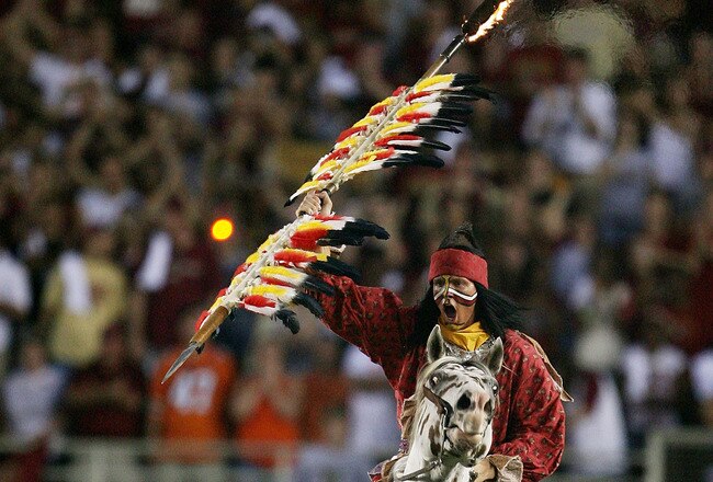TALLAHASSEE, FL - SEPTEMBER 07:  Renegade and Chief Osceola prepares to bury his spear on the 50-yard line before the Miami Hurricanes take on the Florida State Seminoles at Doak Campbell Stadium on September 7, 2009 in Tallahassee, Florida. Miami defeated Florida State 38-34.  (Photo by Doug Benc/Getty Images)