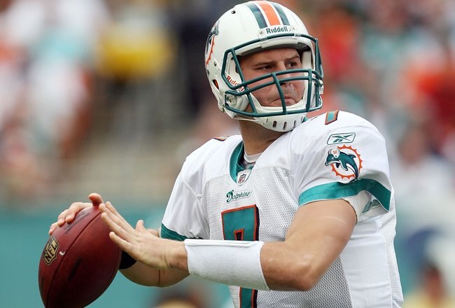 MIAMI - DECEMBER 06:  Quarterback Chad Henne #7 of the Miami Dolphins drops back to pass against the New England Patriots at Land Shark Stadium on December 6, 2009 in Miami, Florida. The Dolphins defeated the Patriots 22-21.  (Photo by Doug Benc/Getty Images)