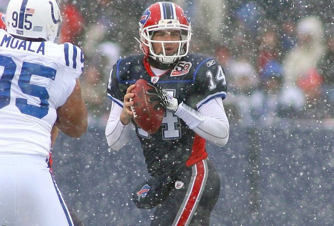 ORCHARD PARK, NY - JANUARY 3: Quarterback Ryan Fitzpatrick #14 of the Buffalo Bills drops back in the pocket and looks to make a pass play during their NFL game against the Indianapolis Colts at Ralph Wilson Stadium on January 3, 2010 in Orchard Park, New York. The Bills defeated the Colts 30-7. (Photo by Rick Stewart/Getty Images)