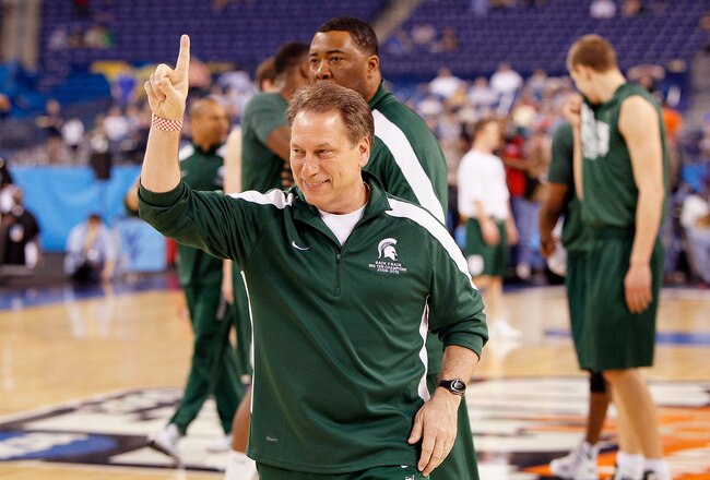 INDIANAPOLIS - APRIL 02:  Head coach Tom Izzo of the Michigan State Spartans holds up one finger during practice prior to the 2010 Final Four of the NCAA Division I Men's Basketball Tournament at Lucas Oil Stadium on April 2, 2010 in Indianapolis, Indiana.  (Photo by Kevin C. Cox/Getty Images)