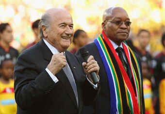 JOHANNESBURG, SOUTH AFRICA - JUNE 11:  FIFA President Joseph Sepp Blatter (L) and President of South Africa Jacob Zuma address the crowd before the 2010 FIFA World Cup South Africa Group A match between South Africa and Mexico at Soccer City Stadium on June 11, 2010 in Johannesburg, South Africa.  (Photo by Cameron Spencer/Getty Images)