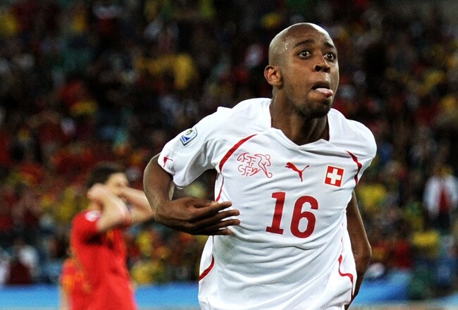 DURBAN, SOUTH AFRICA - JUNE 16:  Gelson Fernandes of Switzerland celebrates scoring the first goal during the 2010 FIFA World Cup South Africa Group H match between Spain and Switzerland at Durban Stadium on June 16, 2010 in Durban, South Africa.  (Photo by Jasper Juinen/Getty Images)
