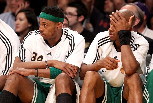 LOS ANGELES, CA - JUNE 15:  Paul Pierce #34 and Ray Allen #20 of the Boston Celtics sit on the bench in the fourth quarter against the Los Angeles Lakers in Game Six of the 2010 NBA Finals at Staples Center on June 15, 2010 in Los Angeles, California.  NOTE TO USER: User expressly acknowledges and agrees that, by downloading and/or using this Photograph, user is consenting to the terms and conditions of the Getty Images License Agreement.  (Photo by Christian Petersen/Getty Images)