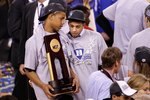 INDIANAPOLIS - APRIL 05:  (L-R) Andre Dawkins and Seth Curry of the Duke Blue Devils celebrate with the trophy after Duke won 61-59 against the Butler Bulldogs during the 2010 NCAA Division I Men's Basketball National Championship game at Lucas Oil Stadium on April 5, 2010 in Indianapolis, Indiana.  (Photo by Kevin C. Cox/Getty Images)