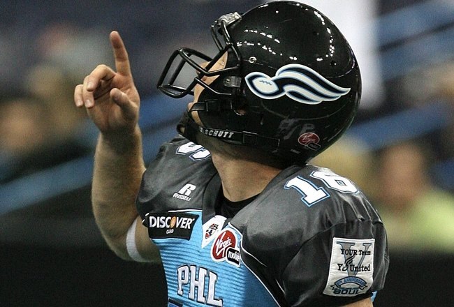 NEW ORLEANS - JULY 27:  Kicker Connor Hughes #16 of the Philadelphia Soul celebrates during Arena Bowl XXII against the San Jose SaberCats at the New Orleans Arena on July 27, 2008 in New Orleans, Louisiana.  (Photo by Doug Benc/Getty Images)