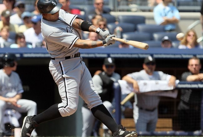 NEW YORK - MAY 02:  Andruw Jones #25 of the Chicago White Sox in action against the New York Yankees on May 2, 2010 at Yankee Stadium in the Bronx borough of New York City. The Yankees defeated the White Sox 12-3.  (Photo by Jim McIsaac/Getty Images)