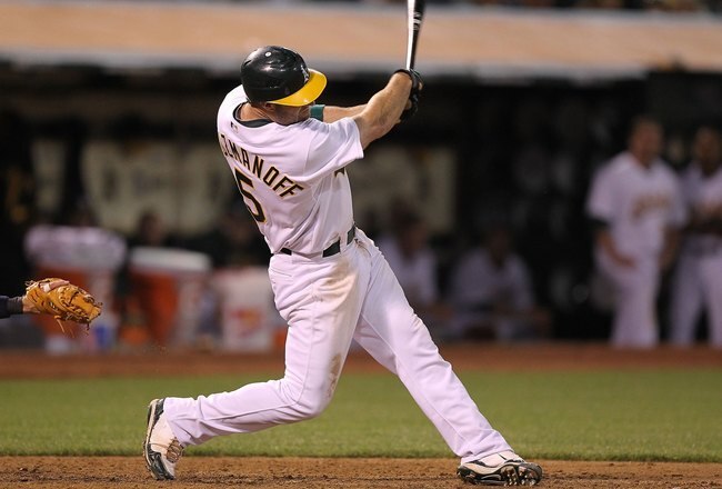 OAKLAND, CA - JUNE 04:  Kevin Kouzmanoff #5 the Oakland Athletics bats against the Minnesota Twins during an MLB game at the Oakland-Alameda County Coliseum on June 4, 2010 in Oakland, California.  (Photo by Jed Jacobsohn/Getty Images)
