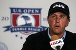 PEBBLE BEACH, CA - JUNE 15:  Phil Mickelson is interviewed during a press conference prior to the start of the 110th U.S. Open at Pebble Beach Golf Links on June 15, 2010 in Pebble Beach, California.  (Photo by Stephen Dunn/Getty Images)