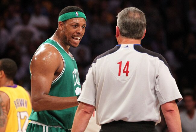LOS ANGELES, CA - JUNE 15:  Paul Pierce #34 of the Boston Celtics talks with referee Joe DeRosa while taking on the Los Angeles Lakers in Game Six of the 2010 NBA Finals at Staples Center on June 15, 2010 in Los Angeles, California.  NOTE TO USER: User expressly acknowledges and agrees that, by downloading and/or using this Photograph, user is consenting to the terms and conditions of the Getty Images License Agreement.  (Photo by Ronald Martinez/Getty Images)