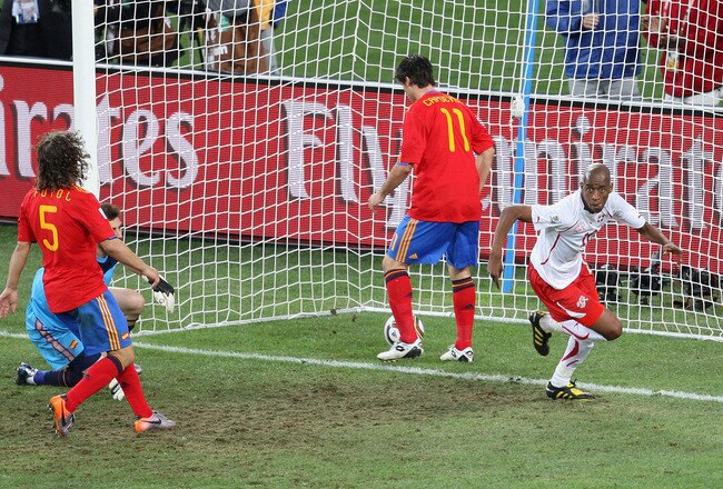 DURBAN, SOUTH AFRICA - JUNE 16:  Gelson Fernandes of Switzerland celebrates scoring the first goal during the 2010 FIFA World Cup South Africa Group H match between Spain and Switzerland at Durban Stadium on June 16, 2010 in Durban, South Africa.  (Photo by Steve Haag/Getty Images)