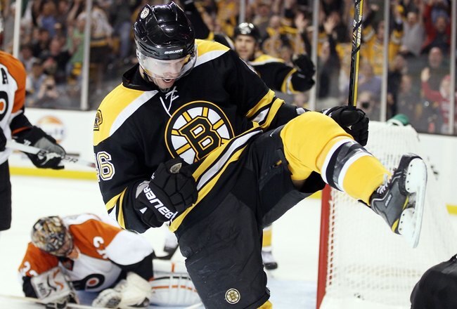 BOSTON - MAY 01:  David Krejci #46 of the Boston Bruins celebrates his goal in the third period as Brian Boucher #33 of the Philadelphia Flyers sits by in Game One of the Eastern Conference Semifinals during the 2010 NHL Stanley Cup Playoffs at TD Garden on May 1, 2010 in Boston, Massachusetts. The Bruins defeated the Flyers 5-4 in overtime.  (Photo by Elsa/Getty Images)