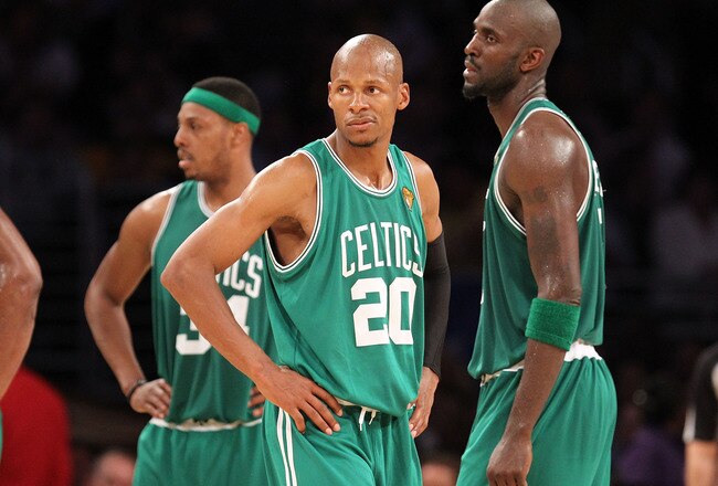 LOS ANGELES, CA - JUNE 15:  (L-R) Paul Pierce #34, Ray Allen #20 and Kevin Garnett #5 of the Boston Celtics look on in the second half while taking on the Los Angeles Lakers in Game Six of the 2010 NBA Finals at Staples Center on June 15, 2010 in Los Angeles, California.  NOTE TO USER: User expressly acknowledges and agrees that, by downloading and/or using this Photograph, user is consenting to the terms and conditions of the Getty Images License Agreement.  (Photo by Ronald Martinez/Getty Images)