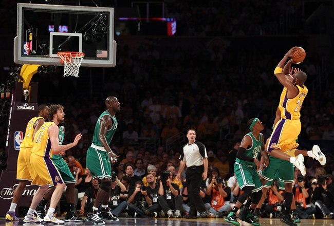 LOS ANGELES, CA - JUNE 15:  Kobe Bryant #24 of the Los Angeles Lakers shoots the ball while taking on the Boston Celtics in Game Six of the 2010 NBA Finals at Staples Center on June 15, 2010 in Los Angeles, California.  NOTE TO USER: User expressly acknowledges and agrees that, by downloading and/or using this Photograph, user is consenting to the terms and conditions of the Getty Images License Agreement.  (Photo by Christian Petersen/Getty Images)