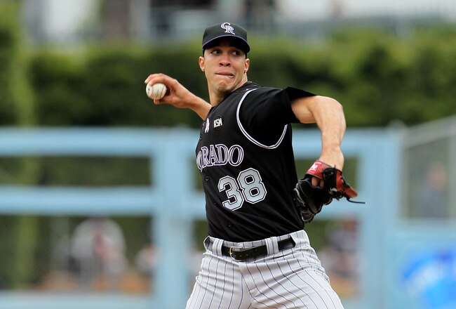 LOS ANGELES, CA - MAY 09:  Ubaldo Jimenez #38 of the Colorado Rockies pitches against the Los Angeles Dodgers in the first inning at Dodger Stadium on May 9, 2010 in Los Angeles, California.  (Photo by Jeff Gross/Getty Images)