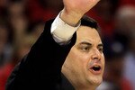 LOS ANGELES, CA - MARCH 11:  Arizona Wildcats head coach Sean Miller calls out a play against the UCLA Bruins during the Quarterfinals of the Pac-10 Basketball Tournament at Staples Center on March 11, 2010 in Los Angeles, California. UCLA defeated Arizona 75-69.  (Photo by Jeff Gross/Getty Images)