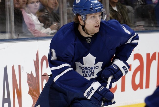 TORONTO - APRIL 6: Phil Kessel #81 of the Toronto Maple Leafs moves the puck during a NHL game against the Philadelphia Flyers at the Air Canada Centre on April 6, 2010 in Toronto, Ontario, Canada. (Photo by Abelimages/Getty Images)