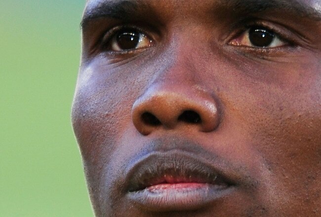 BLOEMFONTEIN, SOUTH AFRICA - JUNE 14:  Samuel Eto'o of Cameroon looks thoughtful ahead of the 2010 FIFA World Cup South Africa Group E match between Japan and Cameroon at the Free State Stadium on June 14, 2010 in Mangaung/Bloemfontein, South Africa.  (Photo by Stuart Franklin/Getty Images)