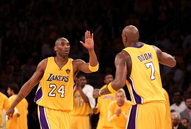 LOS ANGELES, CA - JUNE 17:  Kobe Bryant #24 and Lamar Odom #7 of the Los Angeles Lakers celebrate a play in the second half against the Boston Celtics Game Seven of the 2010 NBA Finals at Staples Center on June 17, 2010 in Los Angeles, California.  NOTE TO USER: User expressly acknowledges and agrees that, by downloading and/or using this Photograph, user is consenting to the terms and conditions of the Getty Images License Agreement.  (Photo by Christian Petersen/Getty Images)