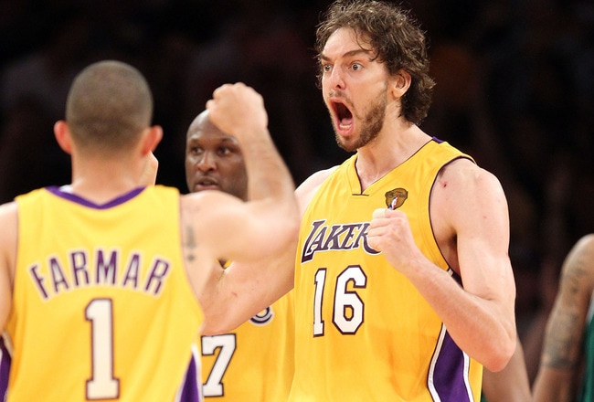 LOS ANGELES, CA - JUNE 17:  Pau Gasol #16 of the Los Angeles Lakers reacts with teammate Jordan Farmar #1 while taking on the Boston Celtics in Game Seven of the 2010 NBA Finals at Staples Center on June 17, 2010 in Los Angeles, California.  NOTE TO USER: User expressly acknowledges and agrees that, by downloading and/or using this Photograph, user is consenting to the terms and conditions of the Getty Images License Agreement.  (Photo by Ronald Martinez/Getty Images)
