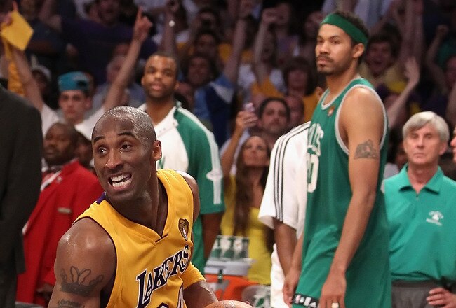 LOS ANGELES, CA - JUNE 17:  Kobe Bryant #24 of the Los Angeles Lakers celebrates as the Lakers defeat the Boston Celtics in Game Seven of the 2010 NBA Finals at Staples Center on June 17, 2010 in Los Angeles, California.  NOTE TO USER: User expressly acknowledges and agrees that, by downloading and/or using this Photograph, user is consenting to the terms and conditions of the Getty Images License Agreement.  (Photo by Christian Petersen/Getty Images)