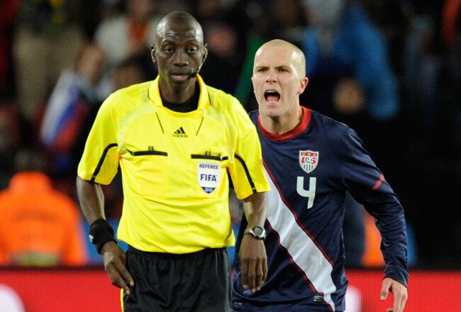JOHANNESBURG, SOUTH AFRICA - JUNE 18:  Michael Bradley of the United States shouts at referee Koman Coulibaly during the 2010 FIFA World Cup South Africa Group C match between Slovenia and USA at Ellis Park Stadium on June 18, 2010 in Johannesburg, South Africa.  (Photo by Kevork Djansezian/Getty Images)