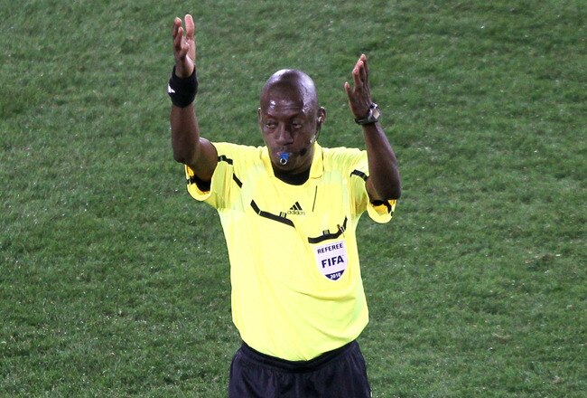 JOHANNESBURG, SOUTH AFRICA - JUNE 18: Referee Koman Coulibaly blows the fianl whistle during the 2010 FIFA World Cup South Africa Group C match between Slovenia and USA at Ellis Park Stadium on June 18, 2010 in Johannesburg, South Africa.  (Photo by Christof Koepsel/Getty Images)