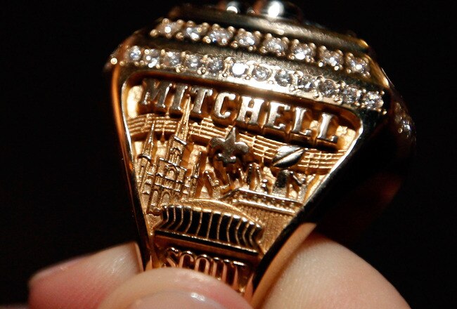 NEW ORLEANS - JUNE 16:  A member of the New Orleans Saints shows off their ring from Super Bowl XLIV on June 16, 2010 in New Orleans, Louisiana.  (Photo by Chris Graythen/Getty Images)