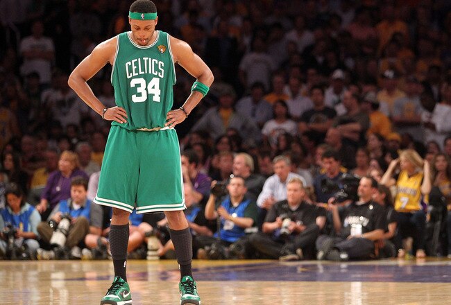 LOS ANGELES, CA - JUNE 17:  Paul Pierce #34 of the Boston Celtics stands on the court in the second half against the Los Angeles Lakers in Game Seven of the 2010 NBA Finals at Staples Center on June 17, 2010 in Los Angeles, California.  NOTE TO USER: User expressly acknowledges and agrees that, by downloading and/or using this Photograph, user is consenting to the terms and conditions of the Getty Images License Agreement.  (Photo by Ronald Martinez/Getty Images)