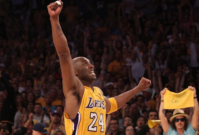 LOS ANGELES, CA - JUNE 17:  Kobe Bryant #24 of the Los Angeles Lakers celebrates as the Lakers defeat the Boston Celtics in Game Seven of the 2010 NBA Finals at Staples Center on June 17, 2010 in Los Angeles, California.  NOTE TO USER: User expressly acknowledges and agrees that, by downloading and/or using this Photograph, user is consenting to the terms and conditions of the Getty Images License Agreement.  (Photo by Christian Petersen/Getty Images)