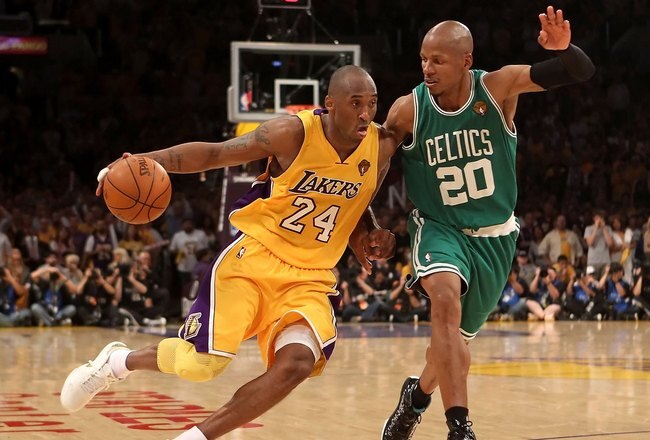 LOS ANGELES, CA - JUNE 17:  Kobe Bryant #24 of the Los Angeles Lakers handles the ball under pressure from Ray Allen #20 of the Boston Celtics in Game Seven of the 2010 NBA Finals at Staples Center on June 17, 2010 in Los Angeles, California. The Lakers defeated the Celtics 83-79.  NOTE TO USER: User expressly acknowledges and agrees that, by downloading and/or using this Photograph, user is consenting to the terms and conditions of the Getty Images License Agreement.  (Photo by Christian Petersen/Getty Images)