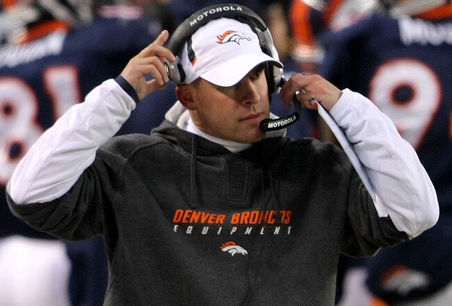 DENVER - JANUARY 03: Head coach Josh McDaniels of the Denver Broncos leads his team against the Kansas City Chiefs at Invesco Field at Mile High on January 3, 2010 in Denver, Colorado. (Photo by Doug Pensinger/Getty Images)