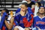 AUBURN HILLS, MI - APRIL 26:  (L-R) Arron Afflalo #28, Tayshaun Prince #22 and Walter Herrmann #5 of the Detroit Pistons sit on the bench in Game Four of the Eastern Conference Quarterfinals against the Cleveland Cavaliers during the 2009 NBA Playoffs at the Palace of Auburn Hills on April 26, 2009 in Auburn Hills, Michigan.  The Cavaliers won 99-78.  NOTE TO USER: User expressly acknowledges and agrees that, by downloading and or using this photograph, User is consenting to the terms and conditions of the Getty Images License Agreement.  (Photo by Gregory Shamus/Getty Images)