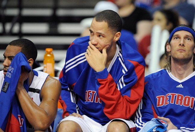 AUBURN HILLS, MI - APRIL 26:  (L-R) Arron Afflalo #28, Tayshaun Prince #22 and Walter Herrmann #5 of the Detroit Pistons sit on the bench in Game Four of the Eastern Conference Quarterfinals against the Cleveland Cavaliers during the 2009 NBA Playoffs at the Palace of Auburn Hills on April 26, 2009 in Auburn Hills, Michigan.  The Cavaliers won 99-78.  NOTE TO USER: User expressly acknowledges and agrees that, by downloading and or using this photograph, User is consenting to the terms and conditions of the Getty Images License Agreement.  (Photo by Gregory Shamus/Getty Images)