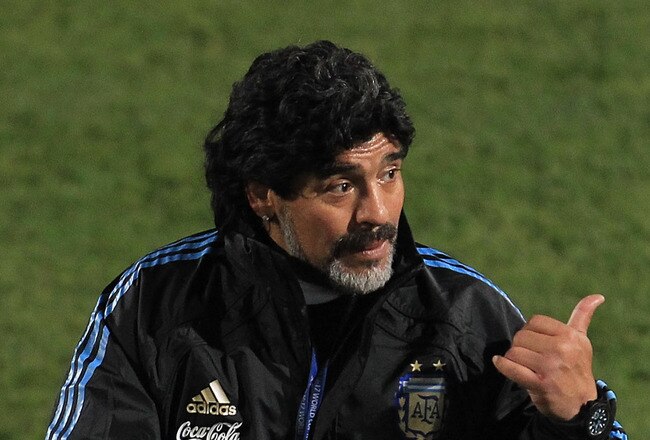 PRETORIA, SOUTH AFRICA - JUNE 20:  Argentina's head coach Diego Maradona walks from the pitch  during a team training session on June 20, 2010 in Pretoria, South Africa.  (Photo by Chris McGrath/Getty Images)