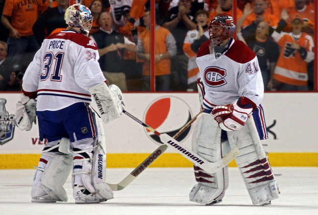 PHILADELPHIA - MAY 16:  Goalie Carey Price #31 of the Montreal Canadiens comes in the game in the second period to replace Jaroslav Halak #41 of the Philadelphia Flyers in Game 1 of the Eastern Conference Finals during the 2010 NHL Stanley Cup Playoffs at Wachovia Center on May 16, 2010 in Philadelphia, Pennsylvania.  (Photo by Jim McIsaac/Getty Images)