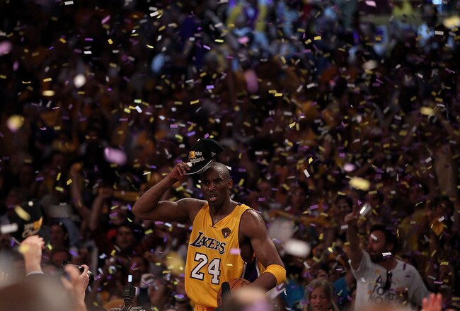 LOS ANGELES, CA - JUNE 17:  Kobe Bryant #24 of the Los Angeles Lakers celebrates after the Lakers defeated the Boston Celtics in Game Seven of the 2010 NBA Finals at Staples Center on June 17, 2010 in Los Angeles, California.  NOTE TO USER: User expressly acknowledges and agrees that, by downloading and/or using this Photograph, user is consenting to the terms and conditions of the Getty Images License Agreement.  (Photo by Christian Petersen/Getty Images)