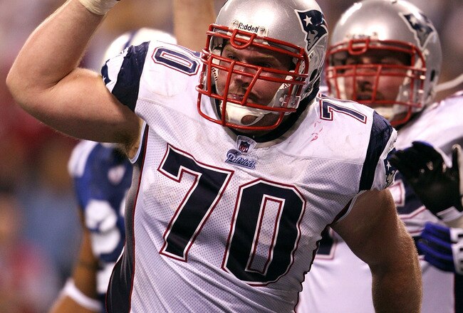 INDIANAPOLIS - NOVEMBER 02:  Logan Mankins #70 of the New England Patriots reacts after BenJarvus Green-Ellis #42 scored a 6-yard rushing touchdown in the third quarter against the Indianapolis Colts at Lucas Oil Stadium on November 2, 2008 in Indianapolis, Indiana.  (Photo by Andy Lyons/Getty Images)