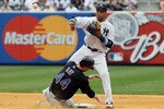 NEW YORK - JUNE 20:  Robinson Cano #24 of the New York Yankees throws to first base to complete an seventh inning ending double play after forcing out Jason Bay #44 of the New York Mets on June 20, 2010 at Yankee Stadium in the Bronx borough of New York City.  (Photo by Jim McIsaac/Getty Images)