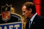 NEW YORK - APRIL 22:  NFL Commissioner Roger Goodell looks on as he stands on stage during the first round of the 2010 NFL Draft at Radio City Music Hall on April 22, 2010 in New York City.  (Photo by Jeff Zelevansky/Getty Images)