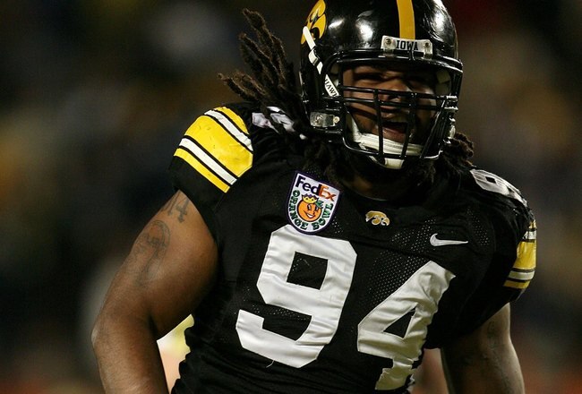 MIAMI GARDENS, FL - JANUARY 05:  Adrian Clayborn #94 of the Iowa Hawkeyes reacts against the Georgia Tech Yellow Jackets during the FedEx Orange Bowl at Land Shark Stadium on January 5, 2010 in Miami Gardens, Florida. Iowa won 24-14. (Photo by Doug Benc/Getty Images)