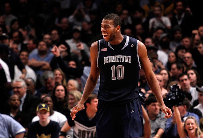 NEW YORK - MARCH 12:  Greg Monroe #10 of the Georgetown Hoyas reacts after a play late in the game against the Marquette Golden Eagles during the semifinal of the 2010 Big East Tournament at Madison Square Garden on March 12, 2010 in New York City.  (Photo by Michael Heiman/Getty Images)