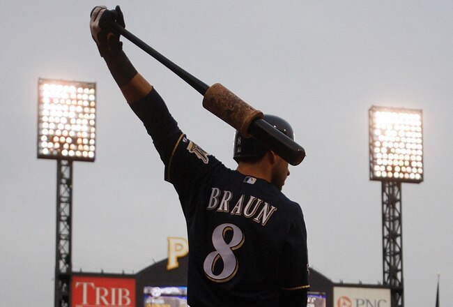 PITTSBURGH - APRIL 20:  Ryan Braun #8 of the Milwaukee Brewers stands in the on deck circle during the game against the Pittsburgh Pirates on April 20, 2010 at PNC Park in Pittsburgh, Pennsylvania.  (Photo by Jared Wickerham/Getty Images)