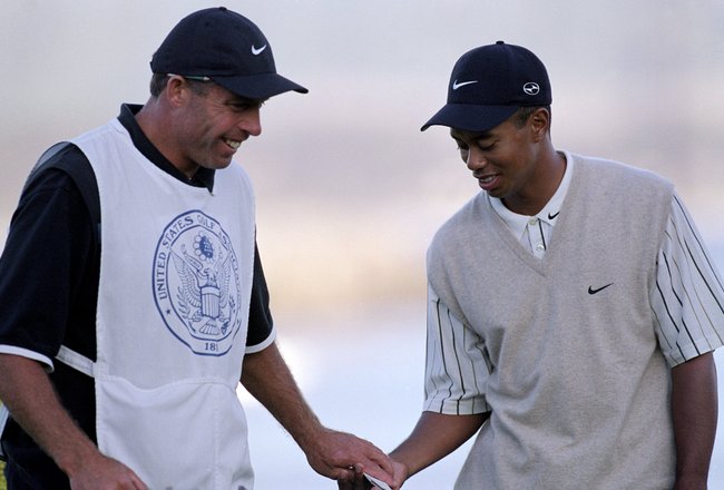 17 Jun 2000: Tiger Woods with caddie Steve Williams during the 100th US Open at the Pebble Beach Golf Links in Pebble Beach, California.Mandatory Credit: Jamie Squire  /Allsport