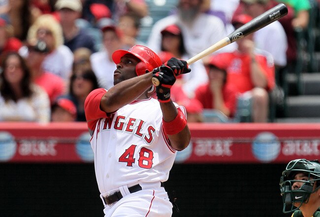 ANAHEIM, CA - MAY 16:  Torii Hunter #48 of the Los Angeles Angels of Anaheim hits a double in the second inning against the Oakland Athletics at Angel Stadium on May 16, 2010 in Anaheim, California. The Angels defeated the Athletics 4-0.  (Photo by Jeff Gross/Getty Images)