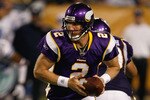 MINNEAPOLIS, MN - SEPTEMBER 4:  Quarterback Sage Rosenfels #2 of the Minnesota Vikings sets to hand off the football against the Dallas Cowboys at Hubert H. Humphrey Metrodome on September 4, 2009 in Minneapolis, Minnesota. The Cowboys defeated the Vikings 35-31. (Photo by Scott Boehm/Getty Images)