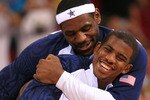 BEIJING - AUGUST 18:  Lebron James #6 and Chris Paul # 13 of the United States joke around before the men's preliminaries basketball game against Germany at the Wukesong Indoor Stadium on Day 10 of the Beijing 2008 Olympic Games on August 18, 2008 in Beijing, China.  (Photo by Jamie Squire/Getty Images)