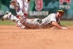 ST. LOUIS - JUNE 20: Kevin Kouzmanoff #5 of the Oakland Athletics slides into second base to avoid a pick off against the St. Louis Cardinals at Busch Stadium on June 20, 2010 in St. Louis, Missouri.  The Athletics beat the Cardinals 3-2.  (Photo by Dilip Vishwanat/Getty Images)